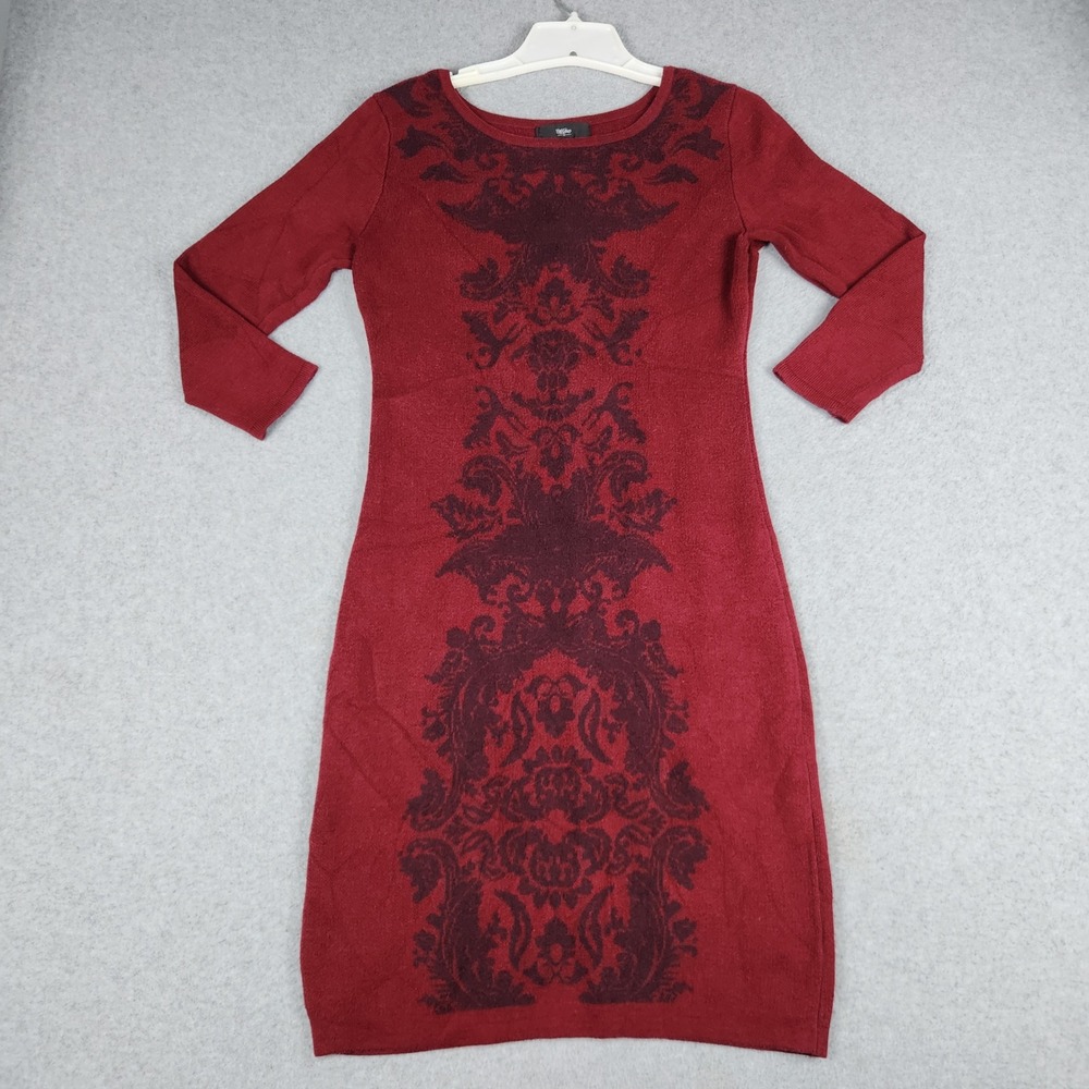 Mossimo Sweater Dress Womens Small Burgundy Damask Knit Long Sleeve Round Neck